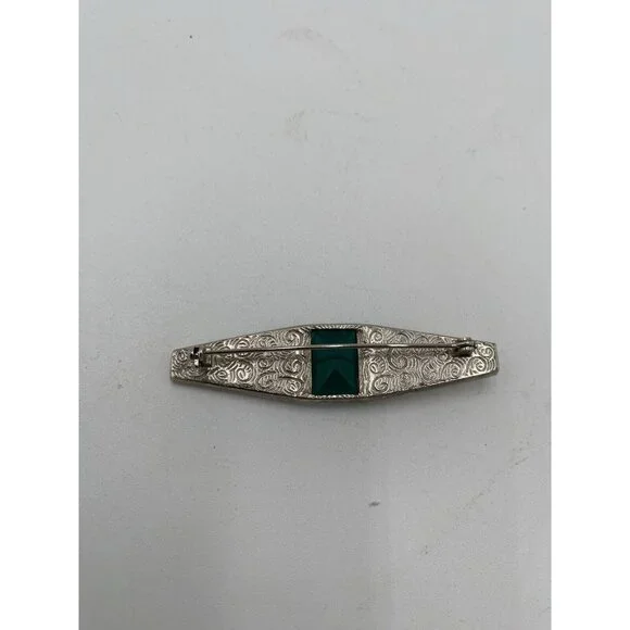 Vintage Silver Tone Turquoise Pin Brooch Bar Rhinestone Jewelry Scarf  2.5" Long - Picture 3 of 6